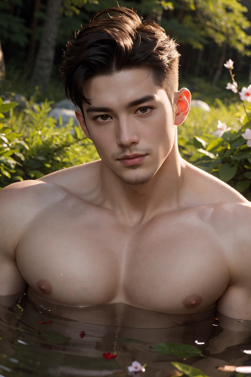 masterpiece,1 boy,Look at me,Handsome,Topless,Muscular development,Pectoralis major,Chest hair,Portrait,Outdoor,Flying petals,Hot Spring,Mountain forest,