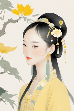 (chinese traditional minimalism:1.3), Close-up Portrait, Left View, Chinese eenchanting Maiden, Charming smile, solo,1girl, incredibly beautiful, elegant, pale yellow color matching, white background, hair, hair accessories, earrings,