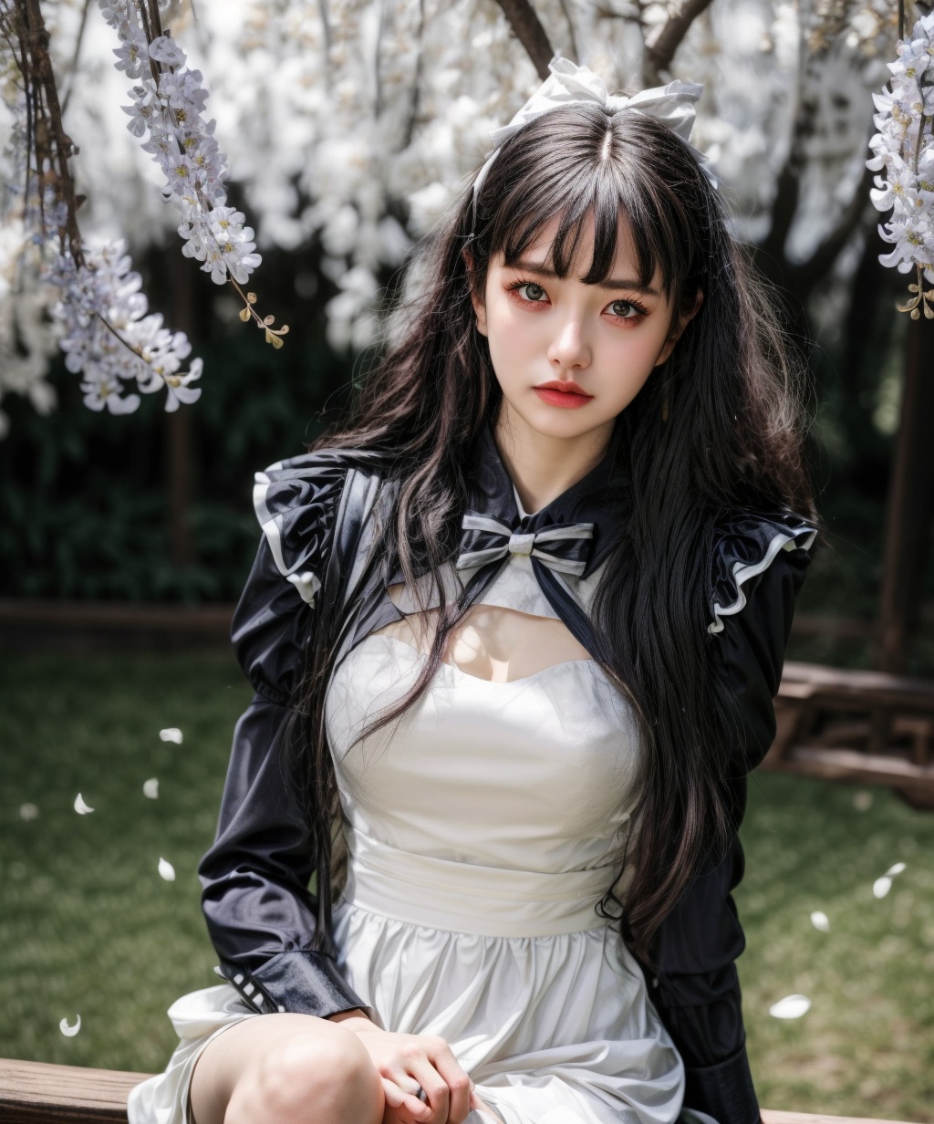 Ultra-realistic 8k CG,masterpiece,best quality,(photorealistic:1.4),HDR,absurdres,Professional,RAW photo,lens flare,Bokeh,((Depth of field)),a girl sitting on a tree with pink flowers on it,cherry_blossoms,petals,falling_petals,sitting_in_tree,swing,under_tree,wisteria,Highly detailed,Professional,extreme detail description;,best quality,masterpiece,realistic,1girl,solo,black hair,long hair,dress,long sleeves,hair bow,looking at viewer,simple background,<lora:玲珑双子白1.0_v2:0.8>,<lora:add_more_details:0.6>,