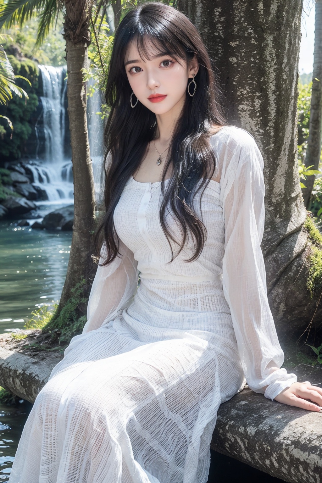 1girl, bare tree, black hair, branch, breasts, day, dress, earrings, forest, jewelry, lake, long hair, long sleeves, lying, medium breasts, nature, necklace, outdoors, palm tree, rock, solo, tree, waterfall, white dress  <lora:1.0:0.66>