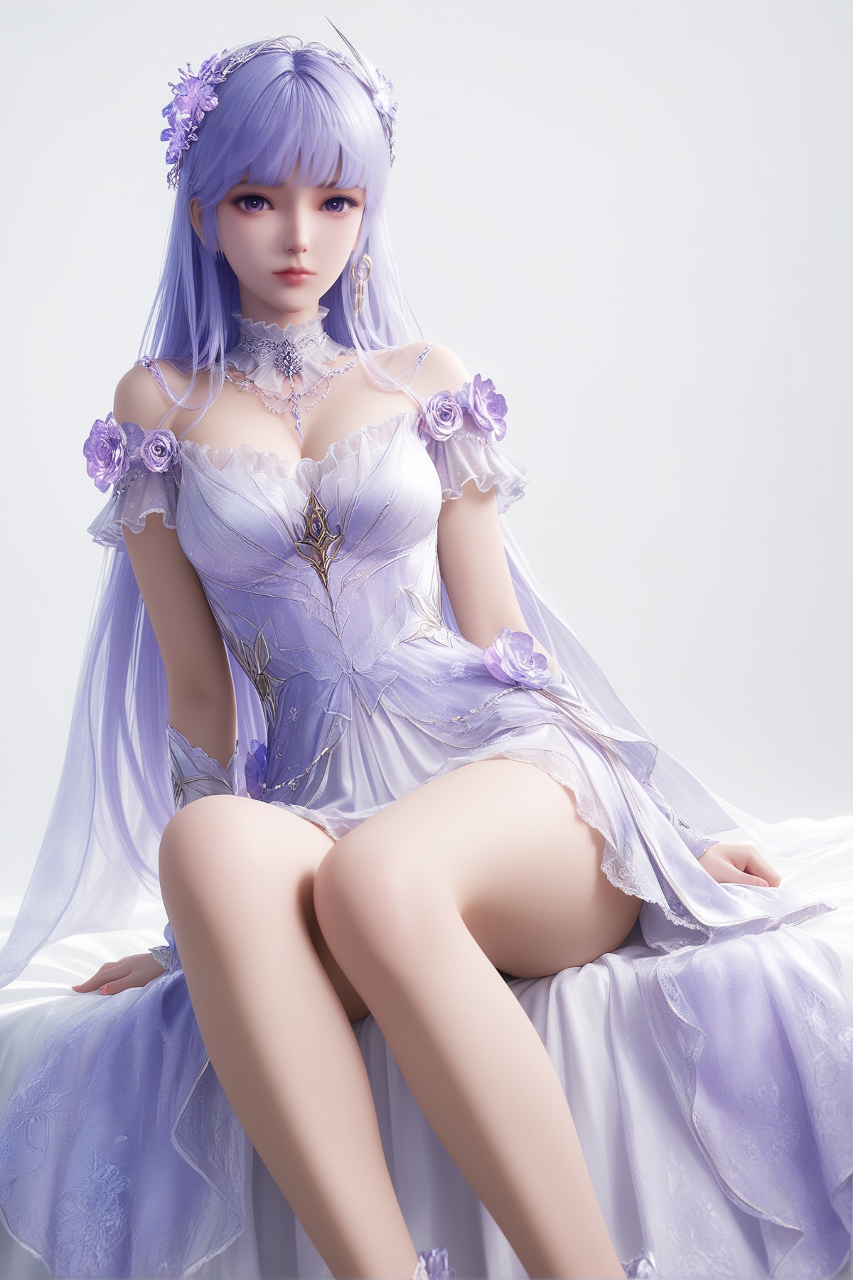 masterpiece,best quality,realistic,cinematic,detail eyes,(ultra-detailed),perfect composition,intricate details,absurdres,detailed face,high quality,high res,8K,<lora:X_shengcaier_hs_IL3.0:0.8>,purple hair,purple eyes,1girl,long hair,breast,medium breast,hair_ornament,dress,bare_legs,sitting,simple background,white_background,looking_at_viewer,bed,