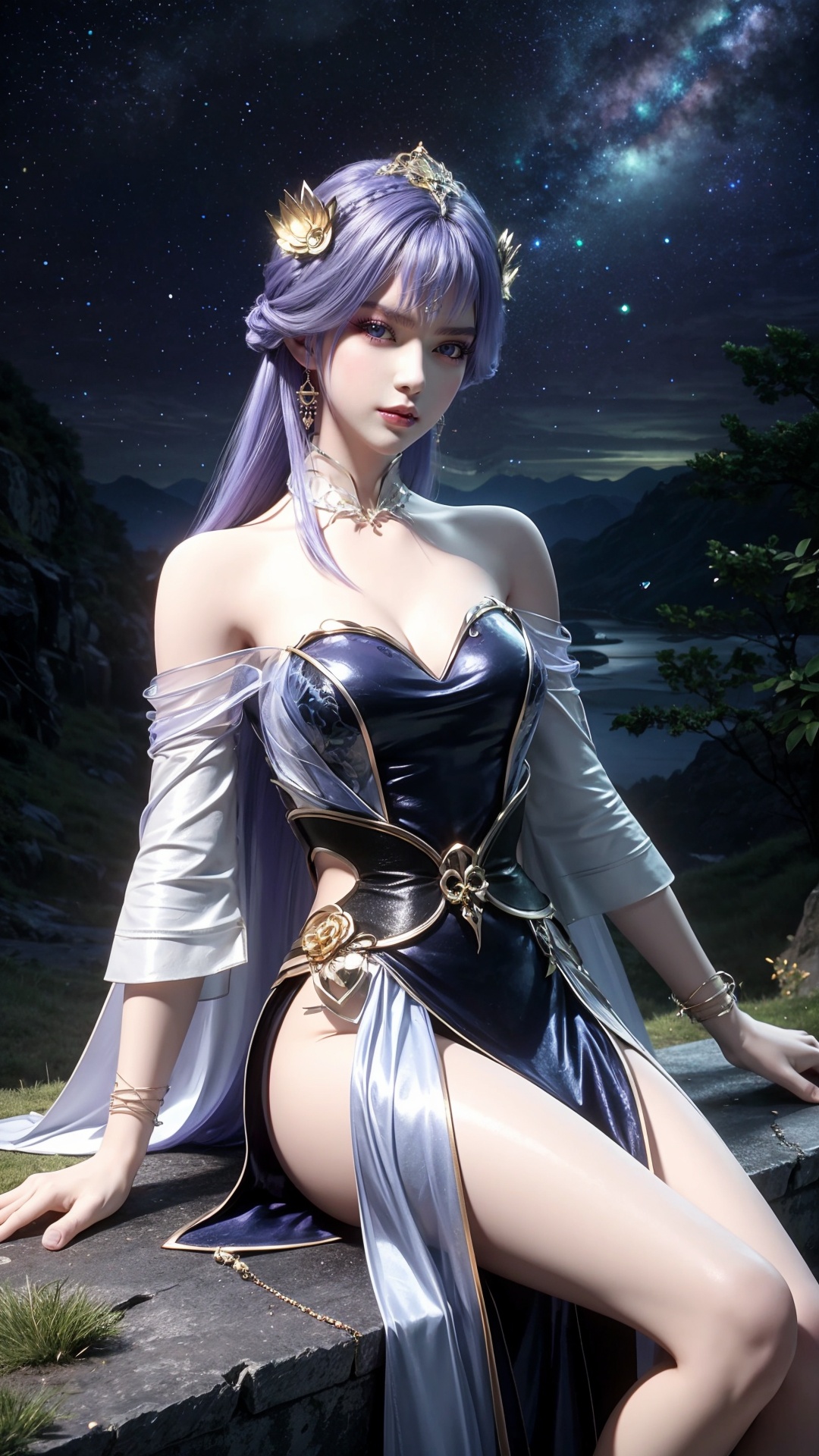 1girl,jewelry,dress,solo,earrings,long hair,hair ornament,bracelet,bare shoulders,chinese clothes,blue hair,blue eyes,necklace,detached sleeves,sky,tree,night,realistic,lips,cloud,cloudy sky,elbow gloves,closed mouth,braid,hair stick,purple eyes,detached collar,long sleeves,single hair bun,hair bun,glowing jewelry,shiny,strapless,off shoulder,very long hair,star,((sky)),starry sky,outdoors,night sky,mountain,nature,milky way,sparkle,grass,mountainous horizon,depth of field,rock,<lora:tianqiong:0.6>,barefoot,sitting,long_legs,<lora:MHB:0.2>,looking_at_viewer,<lora:add_detail细节增加:0.7>,solo_focus,long_skirt,