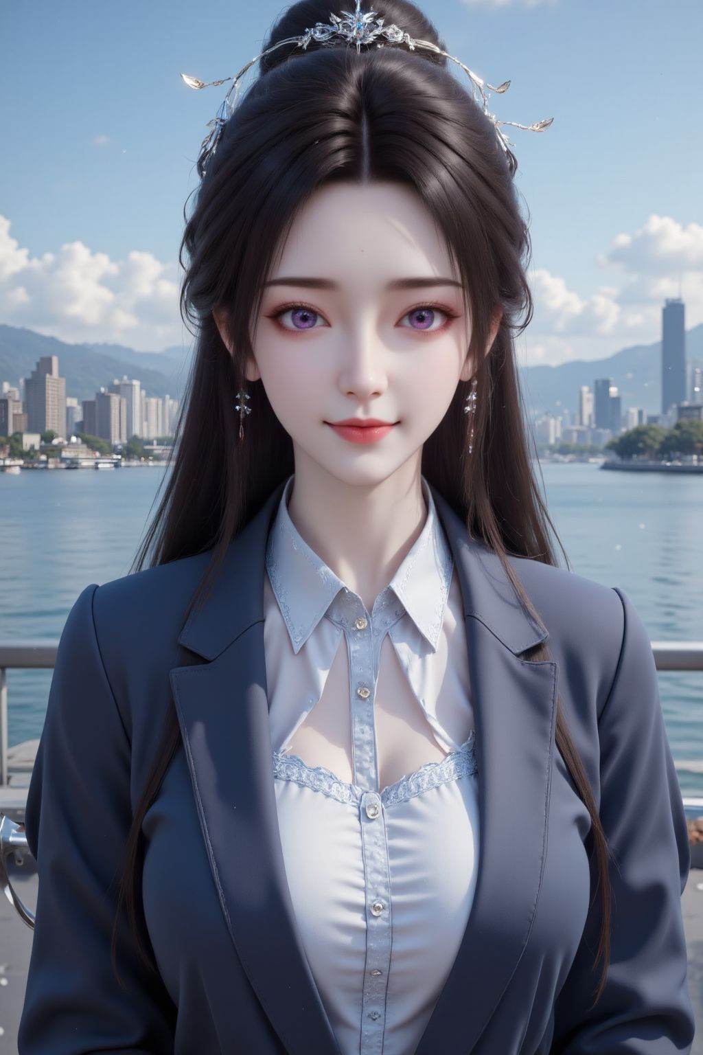 A stunning Asian woman, appears to be in her early twenties, central focus. The woman's skin is flawless, possessing a porcelain-like quality, set off by her long, flowing, raven-black hair cascading down around her shoulders. Her face is framed by delicate strands of hair. Her eyes, striking a vibrant violet hue, sparkle with life, emphasized by long, delicate lashes and subtle makeup. She gently smiles, radiating a sense of serene confidence and contentment. The woman is wearing a light blue and white shirt with a navy blue coat. The environment is bright and open. A serene body of water stretches across the mid-ground, meeting a cityscape lined with tall buildings in the far distance, providing an atmospheric backdrop. The lighting is soft and diffused, creating an overall calm and pleasant atmosphere. The shot is captured from a slightly elevated angle, lending a sense of openness. The composition is balanced and elegant, with the woman's face at the center. The artwork exhibits photorealistic qualities with a touch of anime-inspired aesthetics, giving a clean and polished feel.