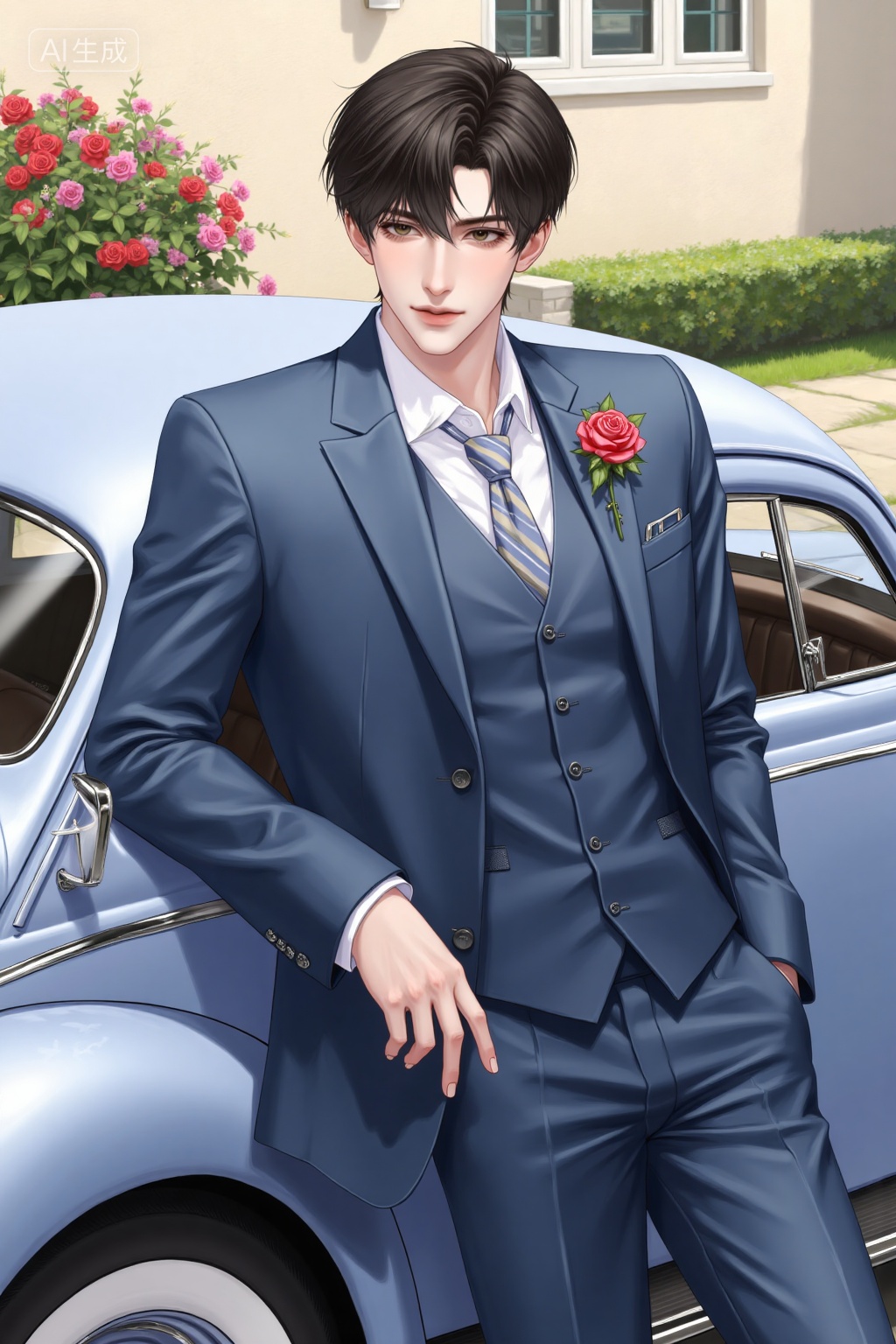 Realistic anime drawing of handsome young man,, in a steel blue suit with a single rose boutonniere,leaning against a vintage car in a flower-filled courtyard.,, Negative prompt: ng_deepnegative_v1_75t,(badhandv4:1.2),EasyNegative,(worst quality:2),,nsfw, Steps: 30, Sampler: Euler, CFG scale: 3.5, Seed: 1528175663, Size: 1024x1536, Model hash: 8cba4f1ef4, Model: F.1基础算法模型-哩布在线可运行_F.1-dev-fp8.safetensors, Denoising strength: 0, RNG: CPU, Lora 1: 20251118, Lora Hash 1: d7ed8b5205, Lora Weight 1: 1.0, vae_name: automatic