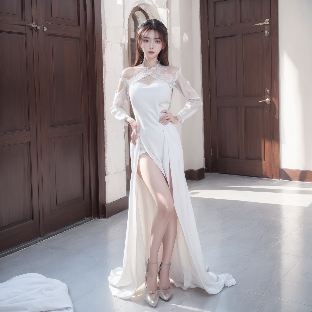 1girl, dress, Indoor, standing, full_body,hand on hip,<lora:20231109-1699510907344:0.6>
