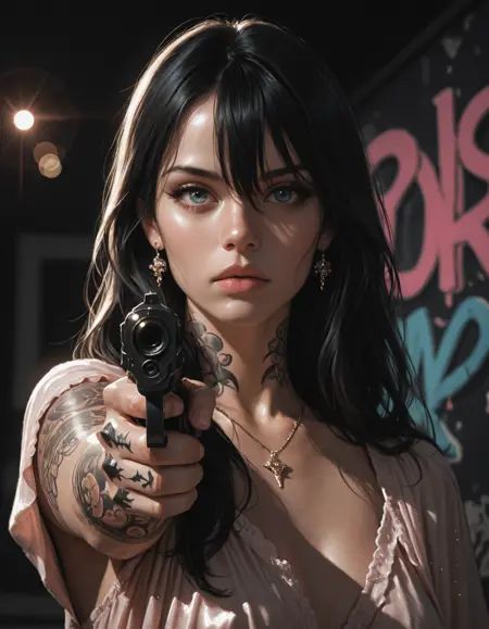 dynamic pose, depth of field, lens flare,extreme aesthetic,newest, dynamic pose,muted color,masterpiece,best quality,amazing quality,very aesthetic,absurdres,newest, nsfw, uncensored, solo, 1girl, face close up, looking at viewer, bangs, black hair, long hair, hair between eyes, graffiti background, dark background, blue eyes, thick eyelashes, soft gaze,pink lips, jewelry, earrings, necklace, arm tattoo, neck tattoo, hand tattoo, spot lighting, night gown, detailed fabric, elegant posture, hand up, holding gun, aiming at viewer, masterwork, masterpiece, best quality, very aesthetic, absurdres, newest, huge filesize, highres, detailed, detailed fingers, raytracing, volumetric lighting, ambient occlusion, perfect anatomy, minimalism,no outline,muted color,retro artstyle,limited palette, realistic,