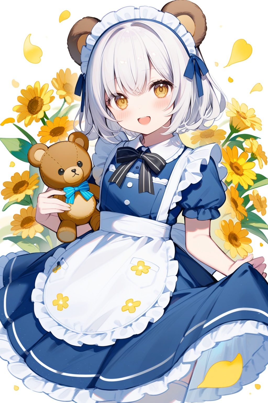 1girl,solo,stuffed toy,teddy bear,dress,stuffed animal,white apron,yellow flower,blue dress,smile,puffy sleeves,animal ears,short sleeves,puffy short sleeves,flower,yellow eyes,petals,frilled apron,apron,looking at viewer,blush,bear ears,frills,bow,white hair,:d,virtual youtuber,white background,maid headdress,black bow,