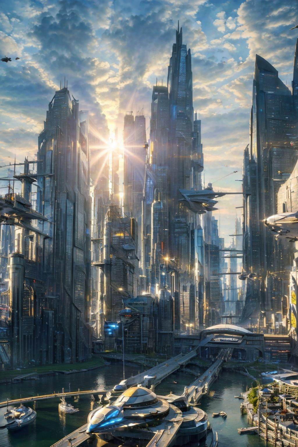 (masterpiece, best picture quality:1.3),realistic,SCI-FI City,scenery,science fiction,no humans,city,building,cityscape,sky,aircraft,outdoors,skyscraper,lens flare,cloud,spacecraft,sunlight,<lora:SCI FI City_20240127193551:0.8>,