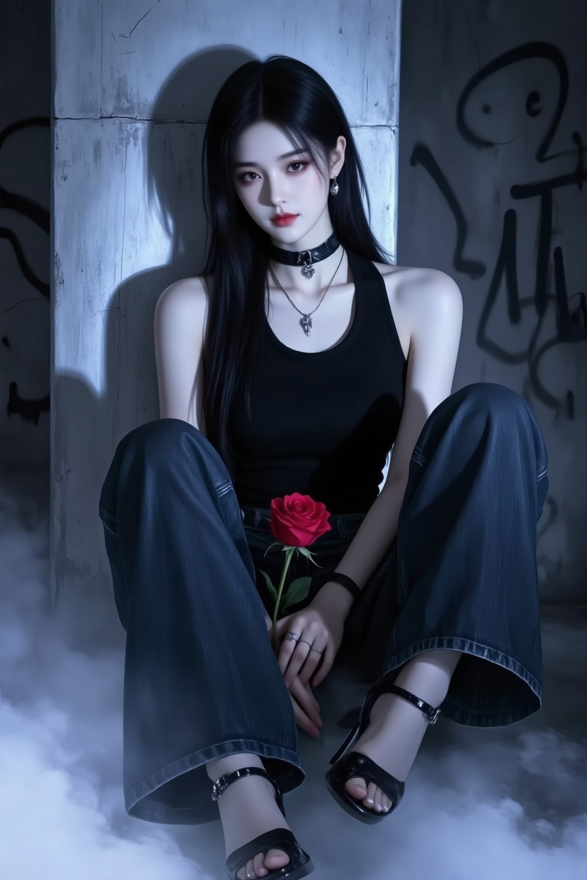 <lora:YY-拽姐F.1:1>, a young woman with an androgynous appearance. She has pale skin, long black hair, and dark eyes with a slight hint of red, giving her a striking and mysterious look. She is seated on a concrete floor, leaning against a concrete wall with a graffiti-like pattern, which adds to the edgy, urban aesthetic. Her attire is gothic-inspired; she wears a black sleeveless top that reveals her slender shoulders and a black choker with a small pendant. Her high-waisted, wide-leg jeans are slightly distressed, and she wears black stiletto heels with ankle straps. Her outfit exudes a rebellious, punk vibe.In her lap, she holds a single red rose, symbolizing a sense of fragility and beauty amidst a dark, brooding atmosphere. The background is a blend of light and shadow, with soft, ethereal mist surrounding her, enhancing the dreamy, otherworldly feel of the scene. The overall composition is moody and evocative, with a strong contrast between the light and dark elements, creating a haunting, surreal quality. The illustration is highly detailed, with a realistic texture and shading, emphasizing the subject's ethereal beauty and the eerie, haunting atmosphere.