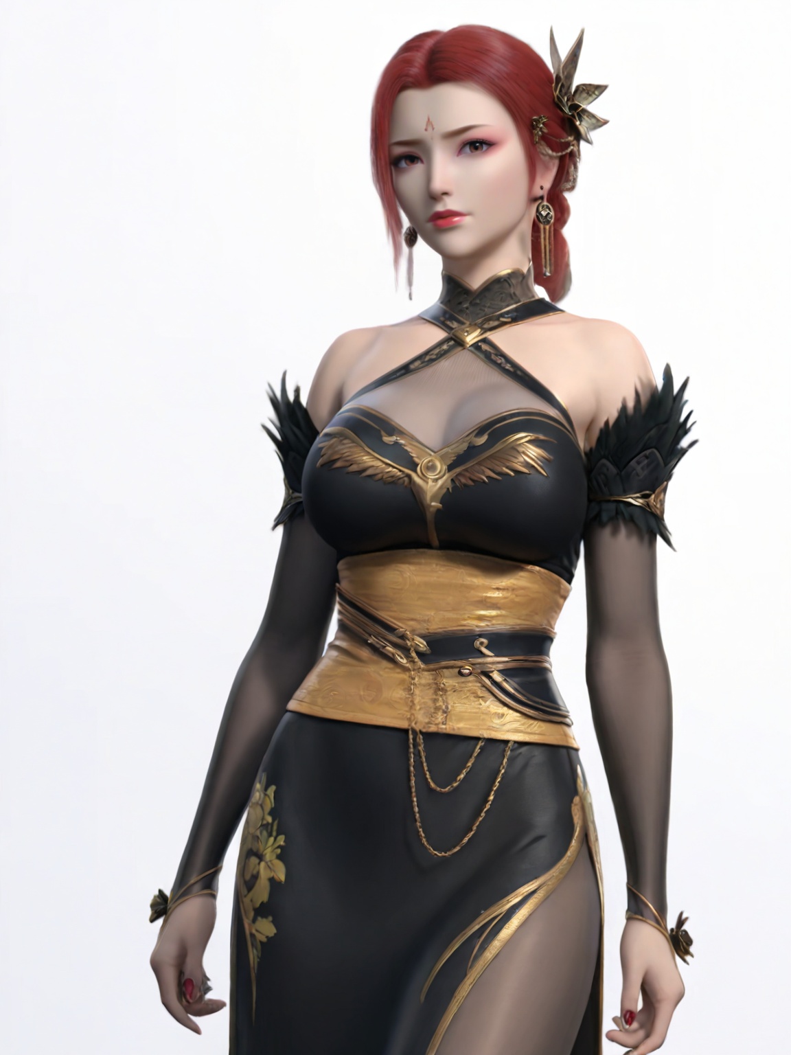 (perfect_anatomy:1.1),(looking_at_viewer:1.1),(realistic:1.3),<lora:SF_YaFei_OL20-000003:0.8>,1girl,solo,standing,red hair,jewelry,earrings,dress,hair ornament,bare shoulders,large breasts,  forehead mark,low bun,pantyhose,black dress,simple background,white background,cowboy shot,