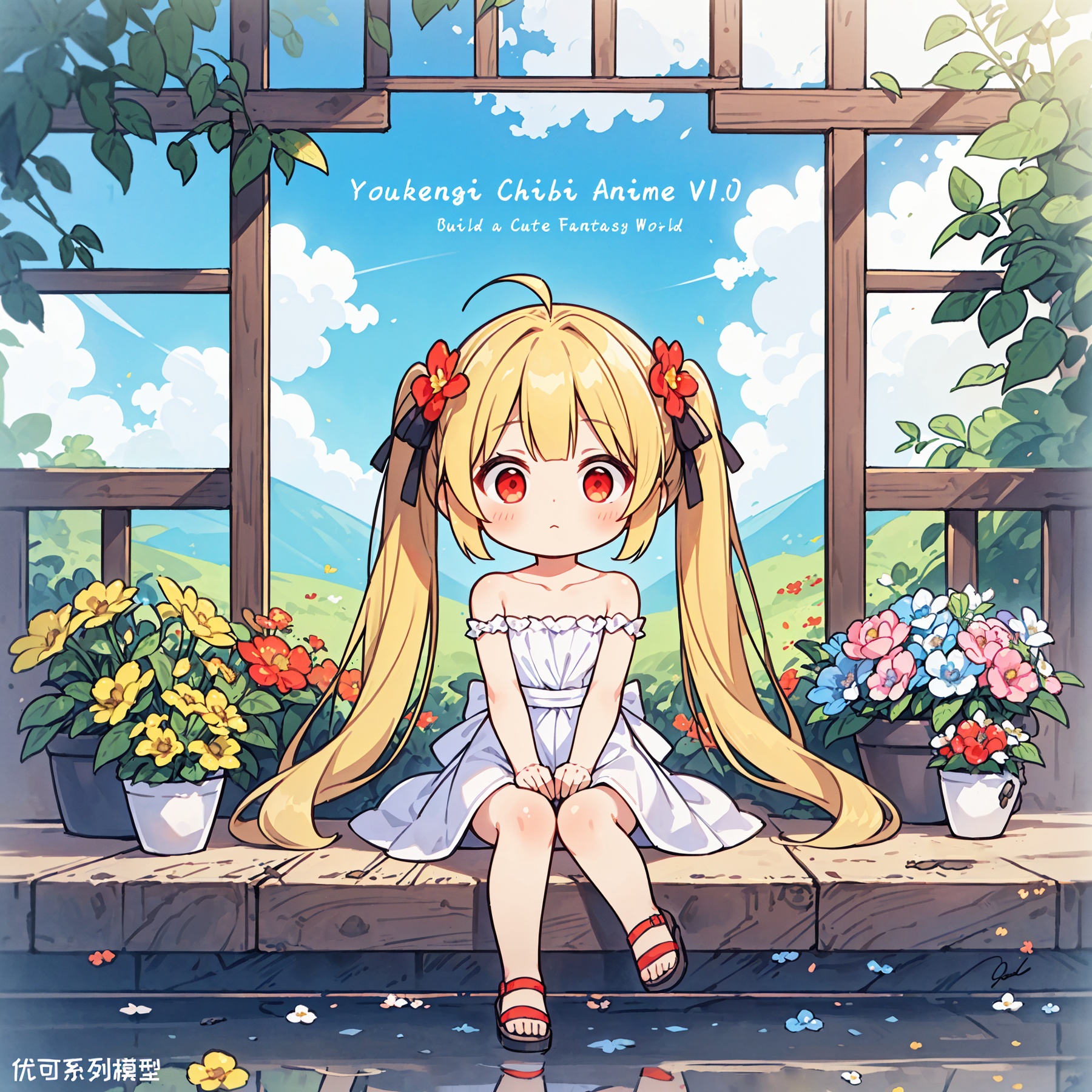 best quality, masterpiece, illustration, (reflection light), incredibly absurdres, ((Movie Poster), (signature:1.3), (English text), 1girl, girl middle of flower, pure sky,yellow hair, red eyes, twintails,clear sky, outside, collarbone, sitting, absurdly long hair, clear boundaries of the cloth, white dress, fantastic scenery, ground of flowers, thousand of flowers, colorful flowers, flowers around her, various flowers,bare shoulders,skirt, sandals,