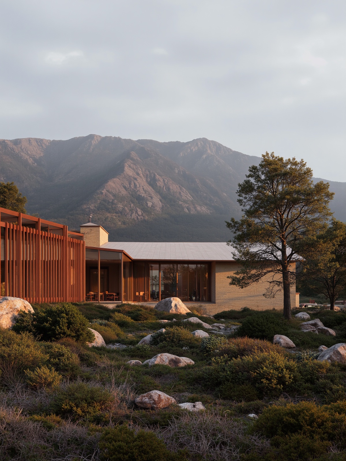 <lora:MIR-v1:0.8>,The image was rendered by the renowned architectural rendering company MIR,This photograph captures a modernist architectural scene set against a mountainous backdrop. Dominating the left side is a building with a red and brown grid-like facade, reflecting the surrounding light. To the right, a large, minimalist structure with vertical lines and a beige hue stands out. The structures are set in a clearing with sparse vegetation, including a tree with sparse leaves in the foreground. The sky is overcast with clouds, casting a diffused light over the scene. The foreground has a mix of green shrubs and small trees, adding texture and depth. The overall composition juxtaposes the geometric precision of the buildings with the natural, rugged mountain in the background. The photograph has a calm, serene atmosphere, emphasizing the contrast between man-made structures and nature. The lighting suggests late afternoon or early evening, with soft shadows and warm tones., mir_rendering style,, cutting-edge design, futuristic aesthetics, intricate details, ultra-high-definition textures, dynamic lighting, realistic materials, professional-grade visualization, immersive and engaging environments, showcasing innovation and precision, advanced rendering techniques, 4k resolution, volumetric effects, captivating visuals, Through the glass, indoor details can be seen, transparent glass, smooth glass texture, light reflection presentation, (warm indoor lighting: 1.3), high transparency makes the interior bright and transparent, and the internal scene is clearly visible,