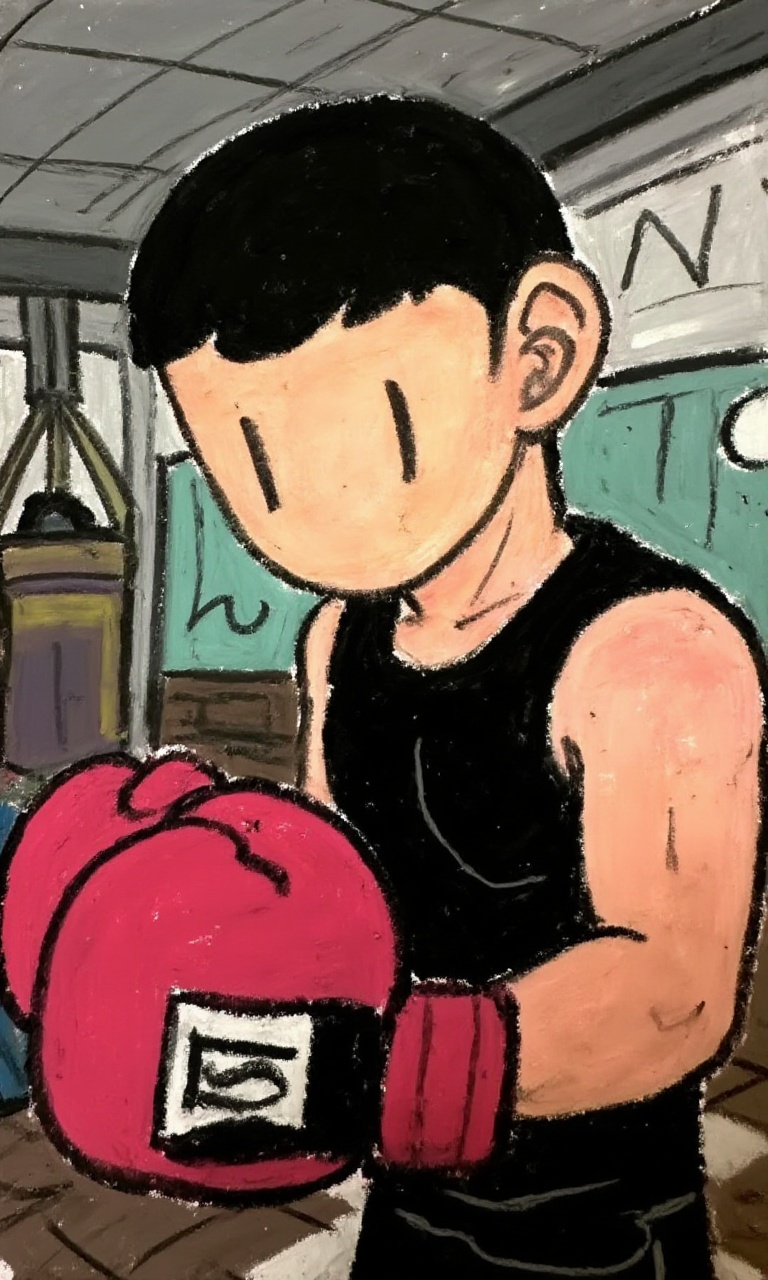 <lora:油画棒:1>，youhuabang-This is a high-resolution cartoon style image,The subject of the image is a young male wearing a black sleeveless top and boxing gloves, standing inside a gym. His expression is focused and serious, indicating that he is preparing for boxing training. His gaze is directed towards his gloves, perhaps checking if they fit properly. His physique is average, with visible muscle definition, suggesting good physical condition. His hair is short and neat, with a black color. In the background, one can see some fitness equipment, such as punching bags and iron frames. Overall, the image conveys a spirit of positivity, courage, and a readiness to take on challenges.