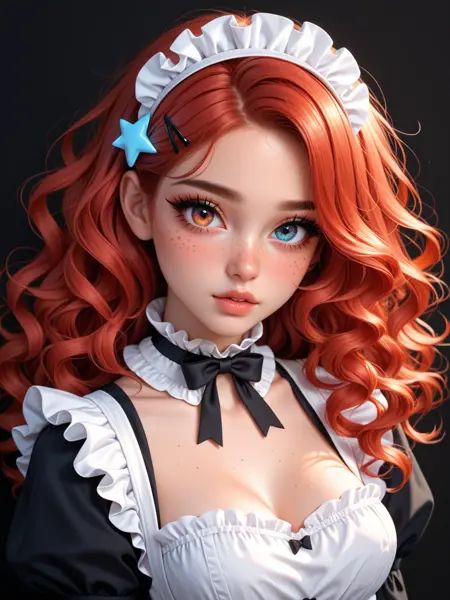 score_9, score_8_up, score_8, score_7_up, score_7, very sexy girl, sexy figure, 1girl, 24yo, beautiful face, freckled face, heterochromia eyes, eyeliner, makeup on eyelashes, medium breasts, black wall background, maid outfit, ruffled collar, black ribbon, white headband, maid headpiece, blue star hair clips, black nails, puffed sleeves, blue and white dress, apron, shaded cleavage, blushing, surprised expression, head tilted, long red hair, wavy hair, freckles on nose