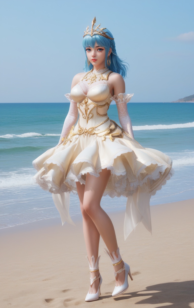 supermodel,score_8_up,score_7_up,hyperdetailed,hyperrealistic,volumetric lighting,focus on face,textured skin,eye lighting,SkinHairDetail,zPDXL,very attractive,Expressiveh,realistic skin,score_9,score_8_up,score_9,score_8_up,1 girls,high cold face,yujie,perfect round large,breasts,jewelry,beautiful eyes,detailed eyes,breast,lips,long hair,navel,jewelry,earrings,long hair,drop_shadow,light rays,sunlight,at the seaside,beach,sea water,<lora:3daofxs:0.8>,bangs,blue eyes,blue hair,dress,elbow gloves,high heels,looking at viewer,white dress,white footwear,white gloves,