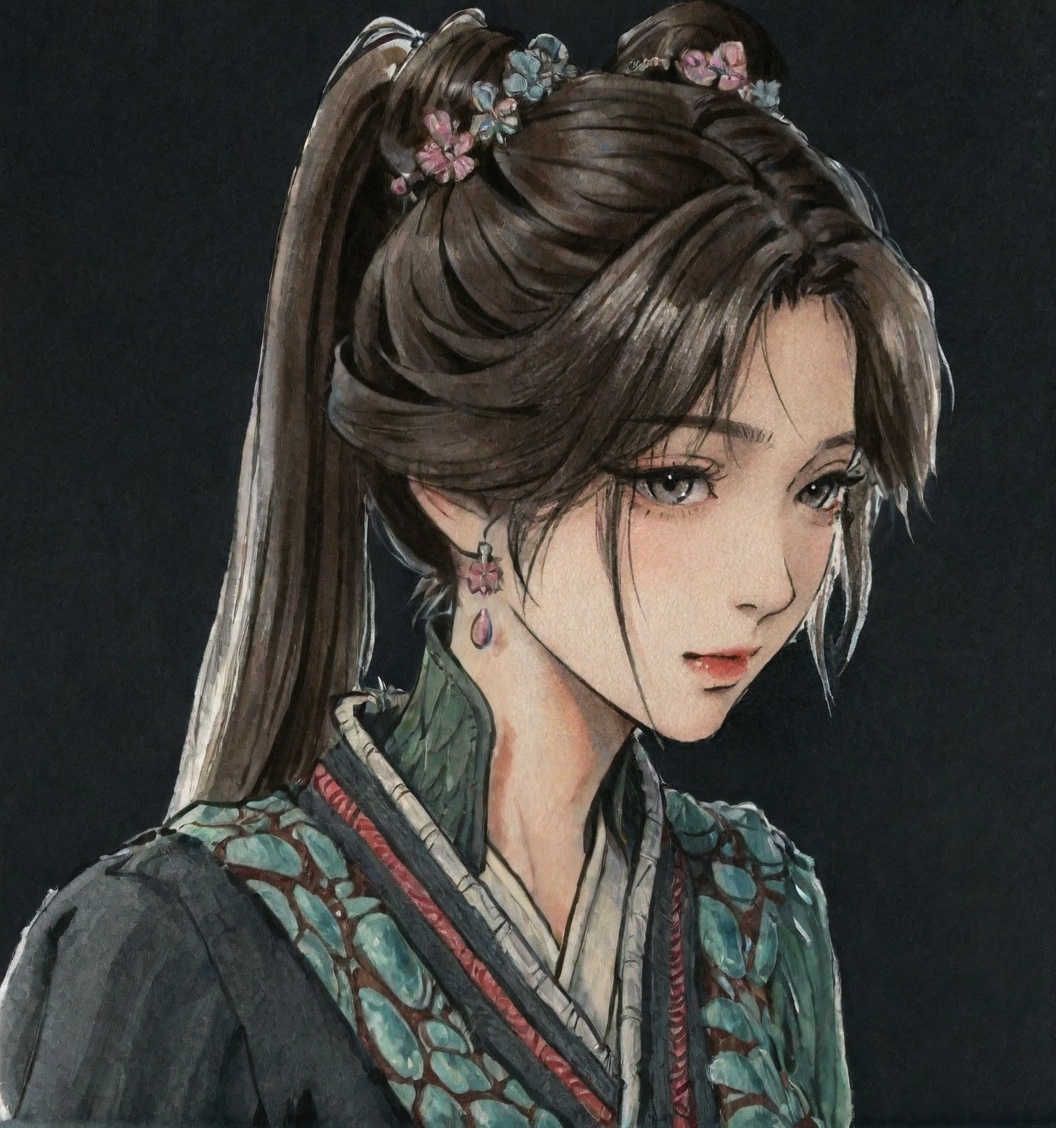 ((very awa)),solo,highly detailed,(best quality),((masterpiece)),1girl,chi,<lora:鸽正则nbXL:0.3>,ge,<lora:chi正则100nbXL:0.7>,traditional media,painting \(medium\),watercolor \(medium\),looking_at_viewer,large breasts,<lora:梅凝新nbXL:0.8>,meining,jewelry,earrings,hair ornament,ponytail,kawaii,bishoujo,