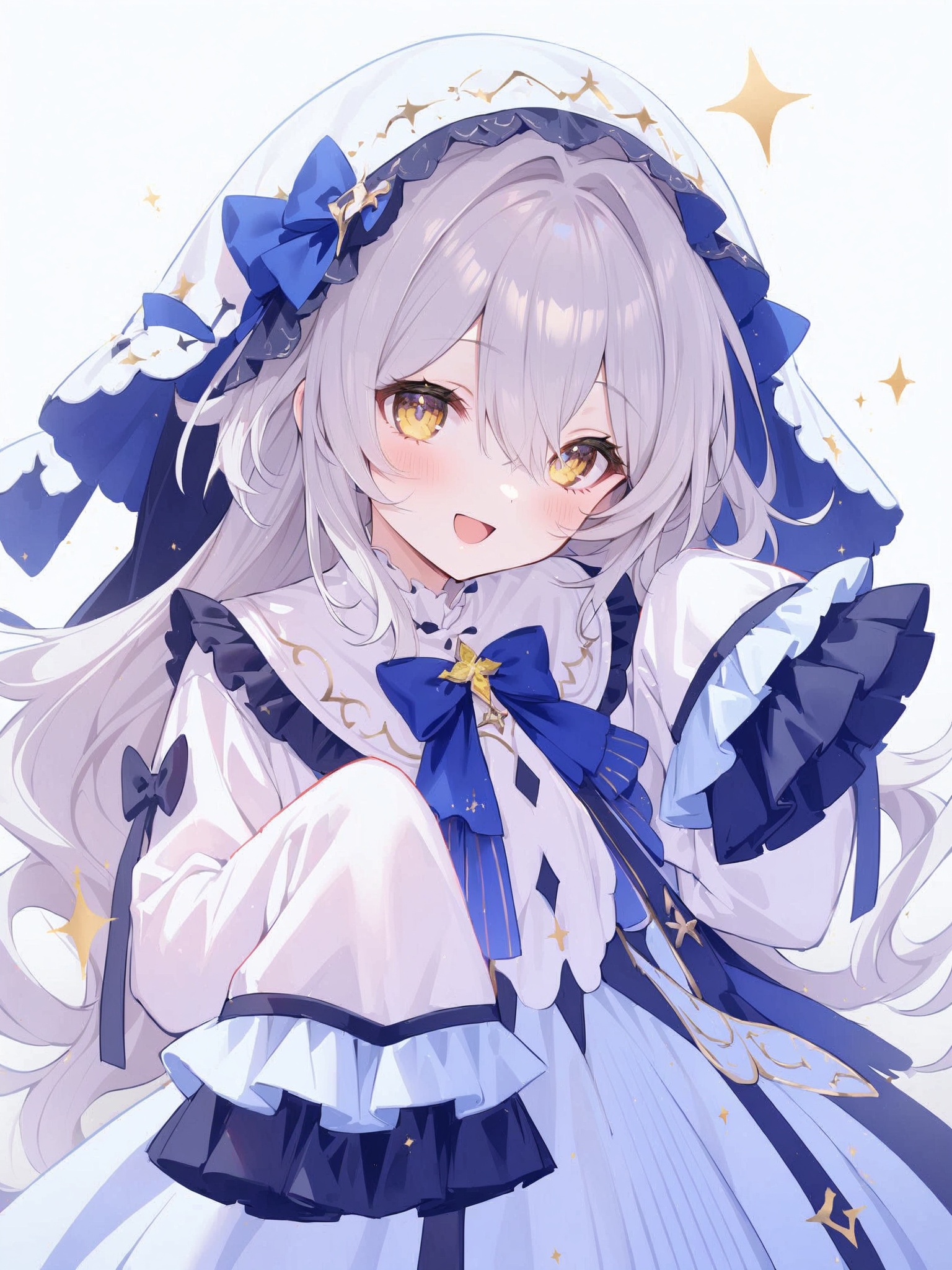 1girl,****,blush,looking at viewer,solo,grey hair,smile,open mouth,bow,yellow eyes,sleeves past wrists,sleeves past fingers,bangs,hair between eyes,upper body,:d,frills,long sleeves,skin ****,dress,white background,blue bow,veilmercury,Noyu,