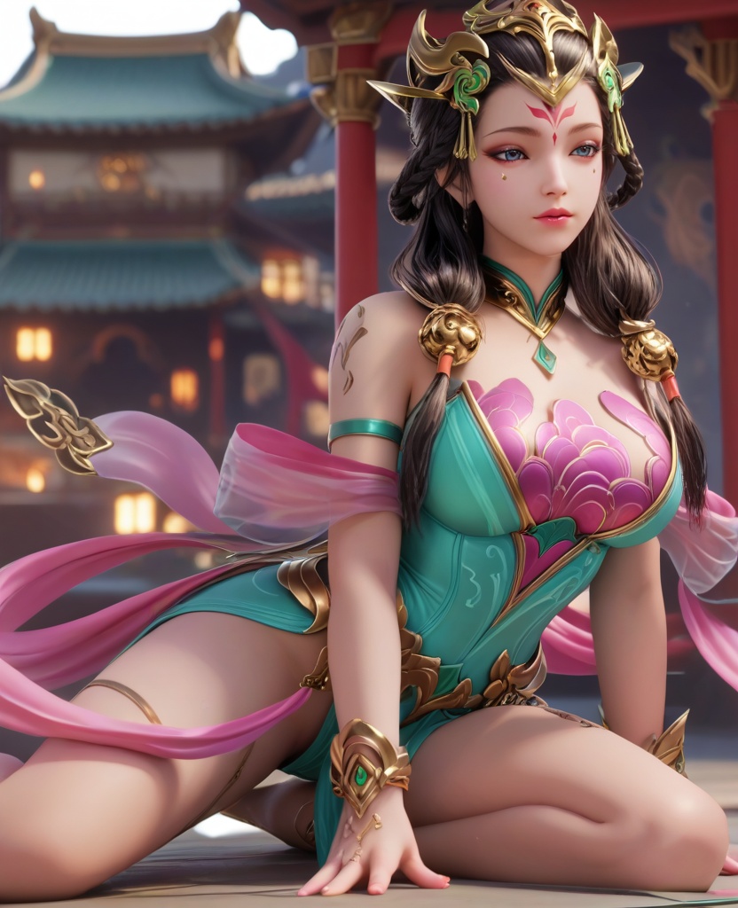 (oriental architecture, elegant decor, sophisticated style:1.1),(yoga:1.1),(large breasts:1.2),(veil:1.1),<lora:XL16王者荣耀杨玉环:0.95>,miss yangyuhuan,green stain mermaid evening gown,pink bra,blue eyes,mole under eye,eyeshadow,forehead mark,black hair,long hair,braid,hair ornament,makeup,bare shoulders,pink silk shawl,bracelet,belt,anklet,, score_9,score_8_up,score_7_up,score_6_up,score_5_up,score_4_up,3d rendering,tag1,tag2, Cinematic Lighting,backlighting,, zPDXL3, zPDXL2,zPDXL, zPDXLxxx, zPDXLrl,