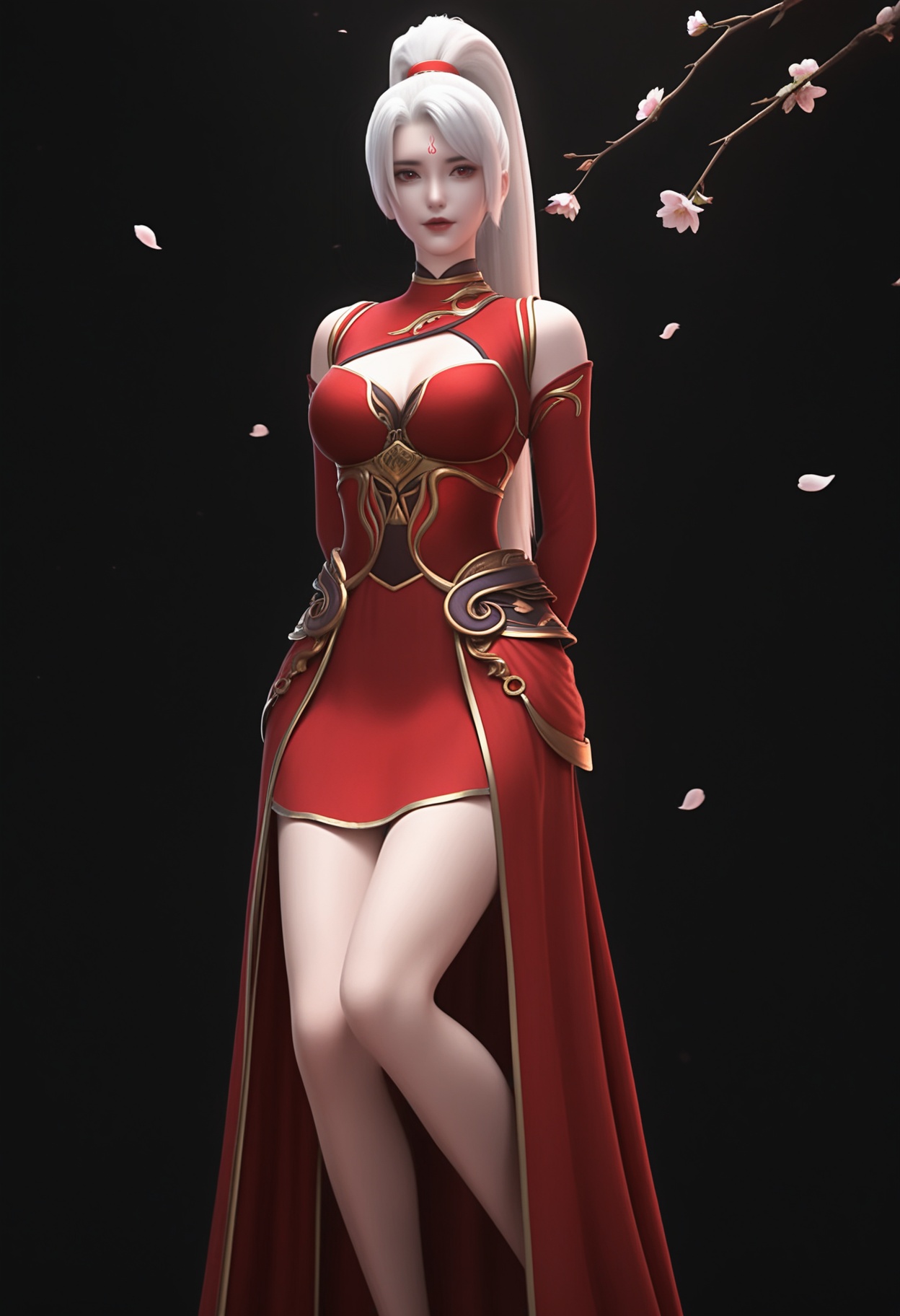 (score_9),masterpiece,best quality,absurdres,highres,BREAK(glamor:1.1),slender,white_skin,(fair_skin:1.1),collarbone,puffy chest,<lora:焰羽-ill:0.83>,yanyu,1girl,solo,long hair,white hair,ponytail,hair rings,red eyes,forehead mark,red dress,high collar,detached sleeves,long dress,bare legs,looking at viewer,flying,(arms_behind_back:1.1),BREAKblack background,branch,twig,rim light,Cinematic Lighting,Volumetric Lighting,Tyndall effect,flower,falling petals,