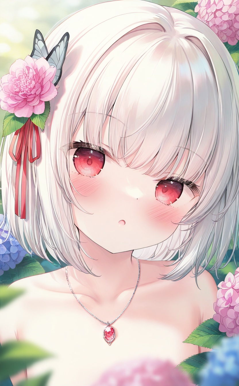 <lora:guizhencao-style:1>,guizhencao style,masterpiece,absurdres,best quality,loli,petite,high quality,chromatic_aberration,//,1girl,hair ornament,solo,necklace,flower,jewelry,looking at viewer,red eyes,white hair,ribbon,butterfly,:o,red ribbon,bug,butterfly hair ornament,hair ribbon,head tilt,portrait,blush,blurry,short hair,hair flower,bare shoulders,crystal,plant,pink flower,parted lips,blurry background,hydrangea,leaf,hair intakes,collarbone,blurry foreground,open mouth,