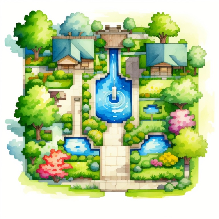 ((HRD, HUD, 8K)),((masterpiece, best quality)), highly detailed, soft light,courtyard, no humans, flower, house, window, tree, door, water, plant, traditional media, stairs, outdoors, scenery, bush, grass, red flower, painting (medium), <lora:20240330-1711766676812:0.9>