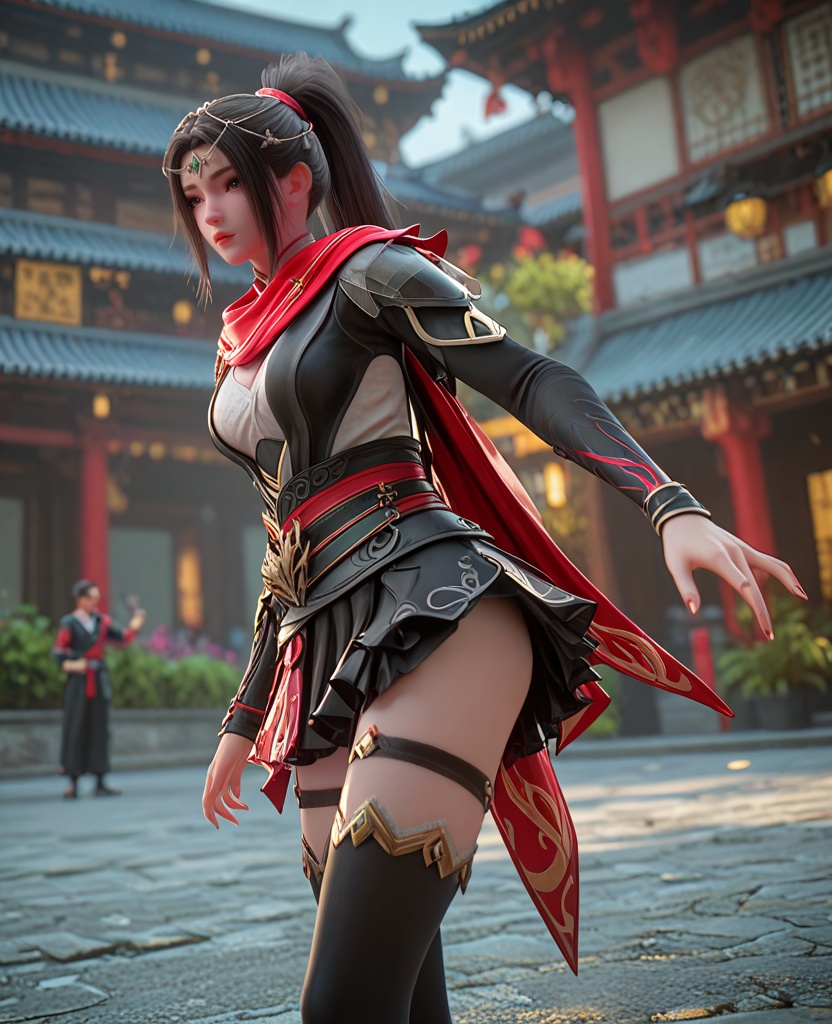 (oriental architecture, elegant decor, sophisticated style:1.1),(martial arts flying roundhouse kick:1.1),(breasts:1.2),<lora:XL百炼成神朱千凝>,miss zhuqianning,black hair,scarf,ponytail,long hair,armor,breasts,hair ornament,brown hair,skirt,black thighhighs,circlet,, zPDXL2, score_9, score_8_up, score_7_up BREAK realistic, masterpiece,best quality, highly detailed,, zPDXL3, zPDXL2,zPDXL, zPDXLxxx, zPDXLrl,