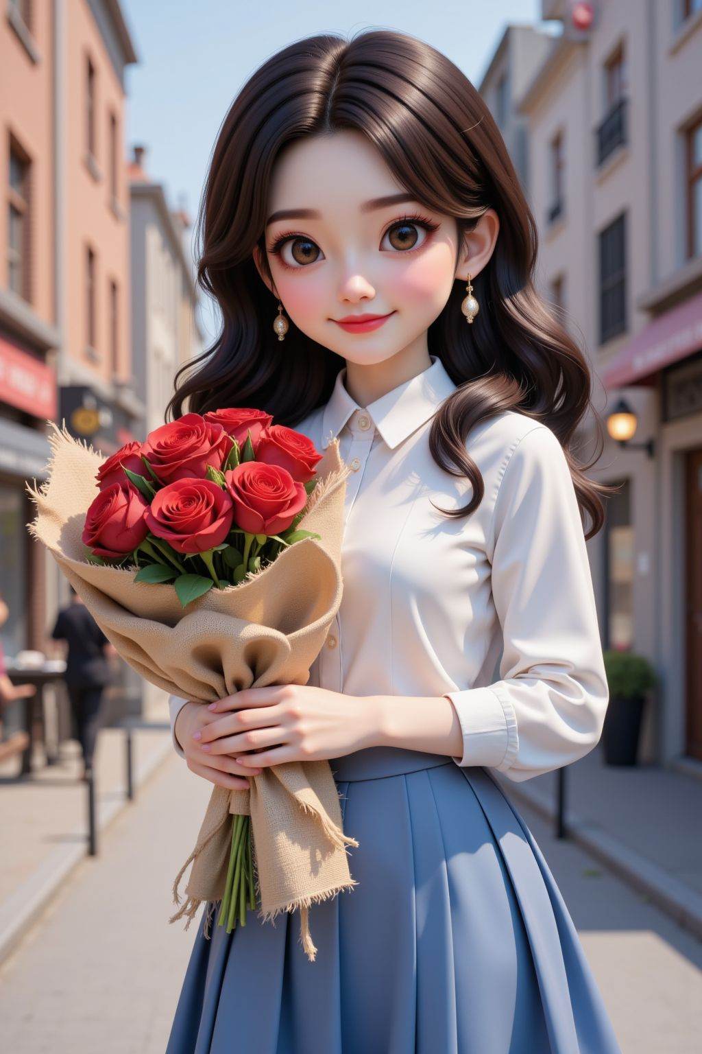 chibi, A photograph of a woman with fair skin and long wavy black hair. She is wearing a white long-sleeved button-down shirt and blue pleated skirt and full body, She holds a bouquet of vibrant red rose wrapped in a beige burlap cloth with frayed edges. The background in street, The woman's expression is smirk,