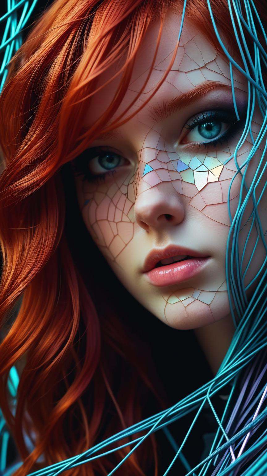 Dark shot, city street, pastel goth, sexy goth girl, photo of cute 24 years old redhead woman, cinematic shot, hard shadows, photorealistic, cute face, looking at viewer, Abstract style mysterious figure emerges from the shadows in a tangled mess of iridescent wires and glowing mesh, color splash 1girl, extreme close-up, face hidden behind layers of glitched wavy distortions, Non-representational, colors and shapes, expression of feelings, imaginative, highly detailed