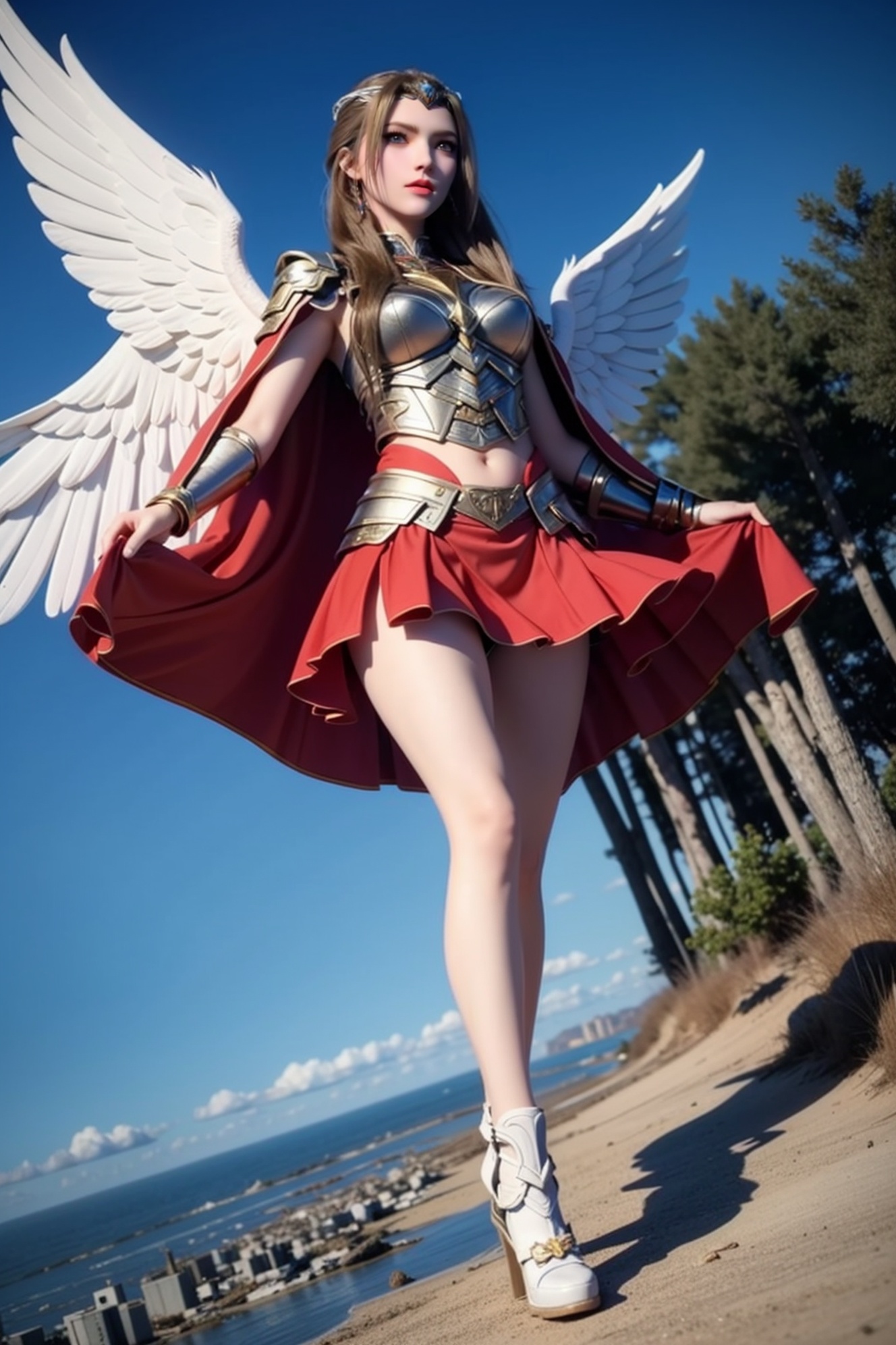 ultra realistic 8k cg,picture-perfect face,perfect face,beautiful face,masterpiece,fantasy,detailed background,realistic,perfect female body,curvy body,1girl,solo,cape,long hair,sky,full body,<lora:tianshiyan ji_20231028224811:0.6>,((red skirt)),outdoors,(thin legs),armor,red skirt,((white wings:1.3)),