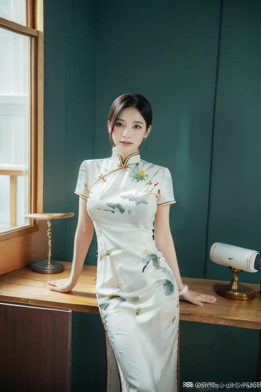 (global illumination, reality,ray tracing, HDR, unreal rendering, reasonable design, high detail, masterpiece,best quality, ultra high definition, movie lighting),1 girl,qipao01,outdoor,looking_at_viewer,hair bun,side_blunt_bangs,china_dress,chinese_style,light green qipao,big breasts,pose,solo,1girl,black hair,black eyes, (lakeside background: 1.3),   <lora:QpShuimo:0.7>