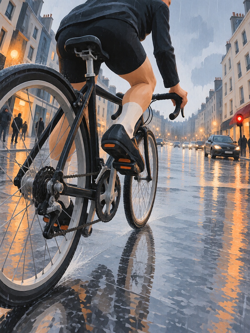 A cyclist stopped at a city intersection in the rain,  front wheel dominating the foreground,  wet street and buildings be...