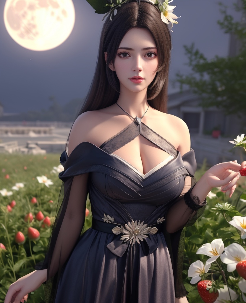 <lora:584-DA-星辰变-白灵:0.8>(,1girl, ,best quality, ),looking at viewer,  ,ultra detailed background,ultra detailed background,ultra realistic 8k cg, , ,masterpiece, (( , )),, ultra realistic 8k cg, ,      ,lily \(flower\) ,full moon ,strawberry blossoms      (cleavage), (),