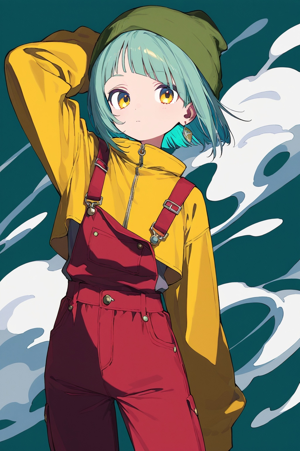 1girl, solo, looking at viewer, short hair, bangs, long sleeves, hat, jewelry, closed mouth, jacket, yellow eyes, cowboy shot, earrings, green hair, arm up, aqua hair, zipper, green headwear, beanie, overalls, yellow jacket,<lora:蓝色苏醒:0.7>,