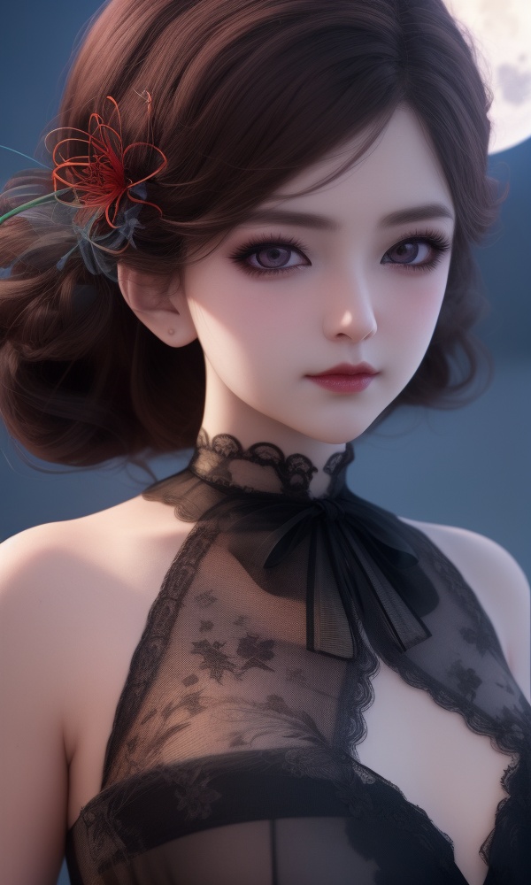 (,1girl, ,best quality, )<lora:365-DA-梦塔·雪谜城-艾妙妙:0.7>,,ultra detailed background,ultra detailed background,ultra realistic 8k cg, ,masterpiece, (( , )),ultra realistic 8k cg, ,tamari \(flawless\),     ,spider lily,full moon (()), (),