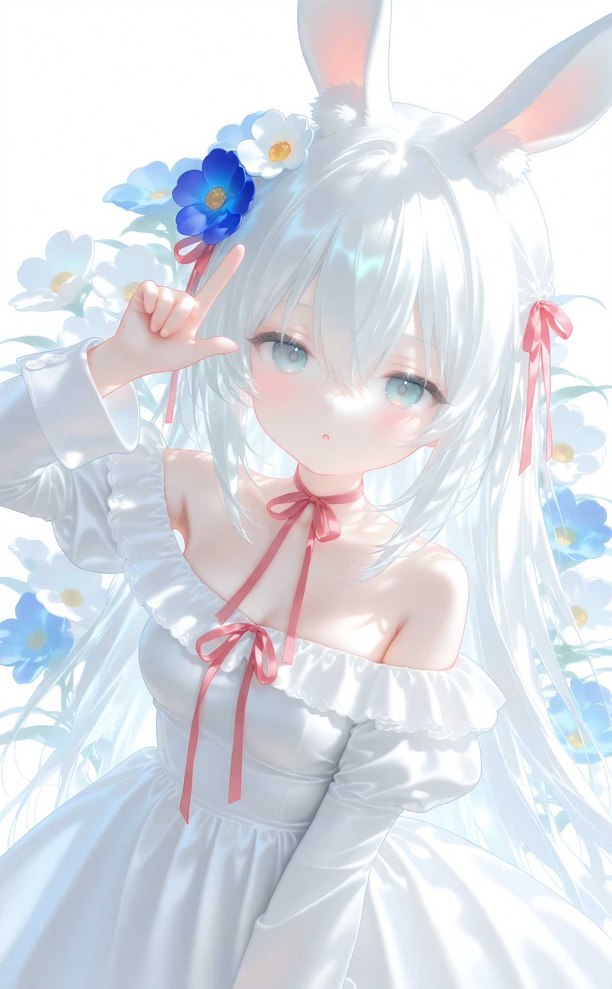 nyalia,loli,1girl,animal ears,solo,dress,rabbit ears,ribbon,long hair,flower,white dress,hair flower,white hair,looking at viewer,hair ornament,long sleeves,red ribbon,white background,hair between eyes,off shoulder,white flower,blue eyes,puffy sleeves,collarbone,frills,white theme,hair ribbon,arm up,frilled dress,rabbit girl,parted lips,simple background,index finger raised,pink ribbon,upper body,very long hair,off-shoulder dress,breasts,animal ear fluff,juliet sleeves,neck ribbon,blush,aqua eyes,bare shoulders,green eyes,pointing,expressionless,medium breasts,pointing up,:o,floral background,closed mouth,hand up,grey eyes,blue flower,<lora:nyalia acid5-000048:0.8>,