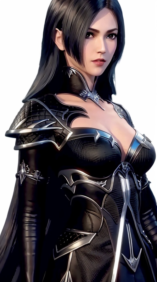 White background,A girl,Black long hair,Mature women,Armor,Dress,Looking at the viewer,solo,,<lora:328659e0f199319b69cfb95f2a1460be4b5d49e2b6e41da48d0510343aadfdb7:0.6>