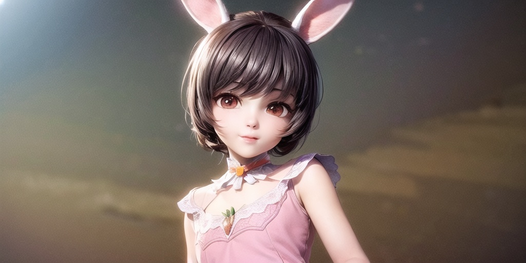 masterpiece,best quality,illustration,anime,simple gray background,(solo:1.2),upper body,smile,xiaowu,1girl,child,loli,animal ears,brown hair,rabbit ears,pink dress,carrot,brown eyes,upper body,looking at viewer,short hair,lips,dress,collar,choker,closed mouth,<lora:xiaowu_20240306204015:0.7>,<lora:add_detail:1>,