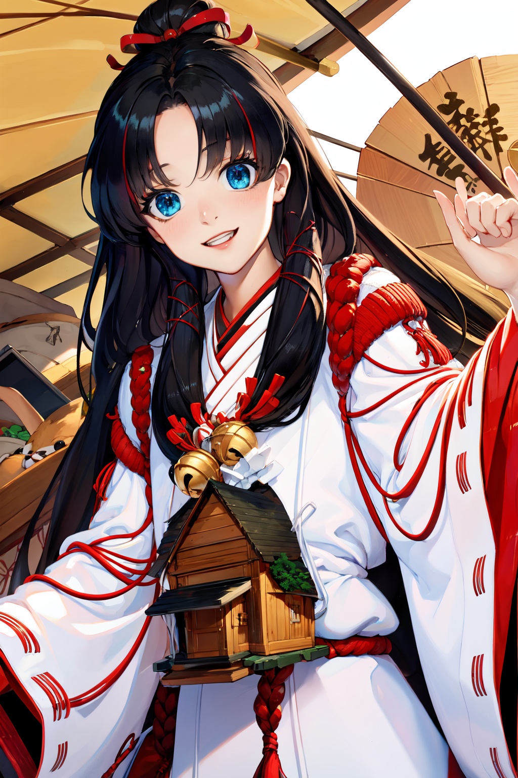 ((masterpiece)),(((best quality))),((ultra-detailed)),(highly detailed),extremely detail description,ultra-fine painting,((illustration)),professional,vivid colors,highres,sharp focus,cowboy shot,front view,straight-on,fcPortrait,qingxingdeng,1girl,mature female,milf,,looking at viewer,smile,seductive smile,sexy pose,sexually suggestive,Black hair,long hair,blue eyes,Japanese dress,traditional dress,miko,white dress,red bottom,trousers,wide legs,wide sleeves,bell decoration,house hanging on the chest,