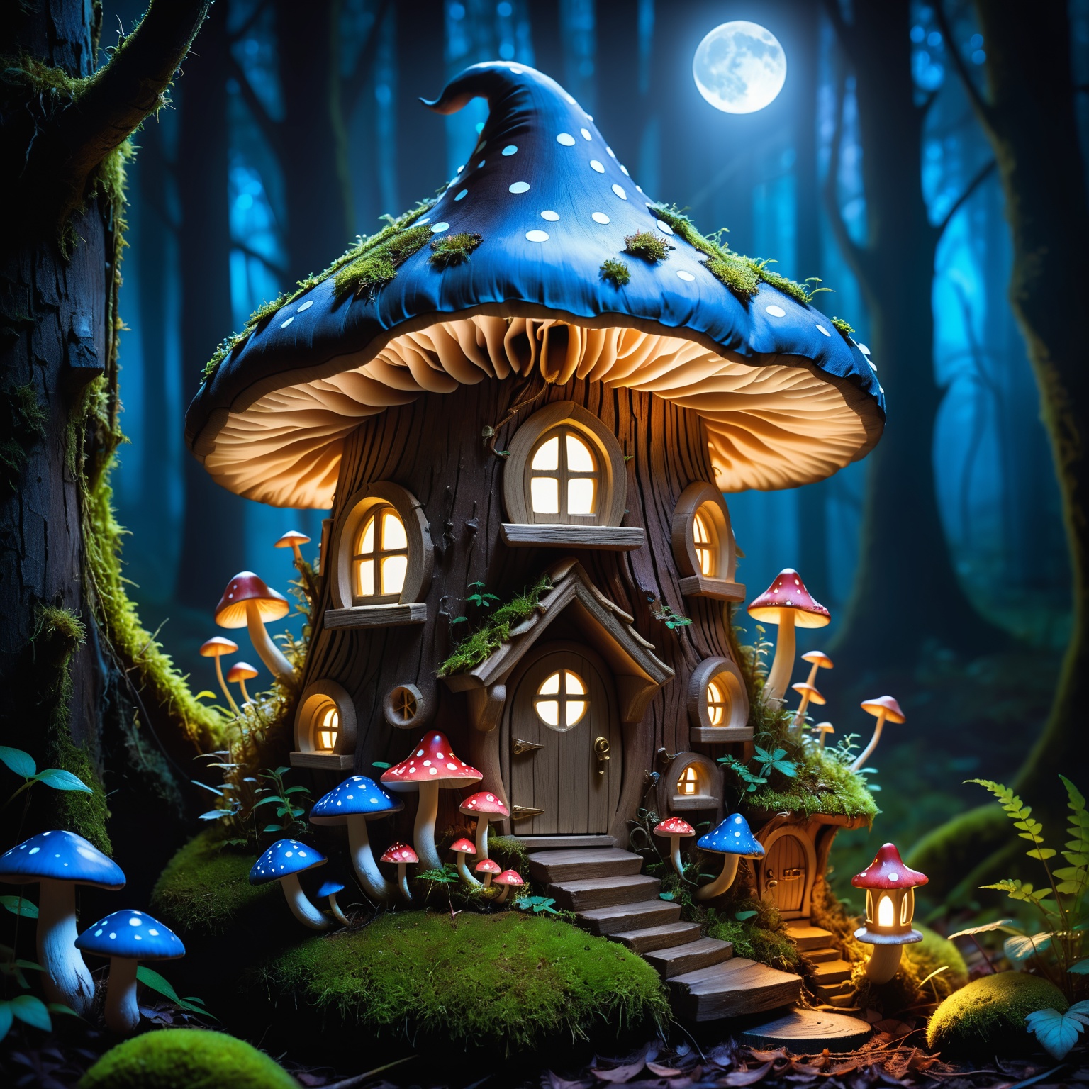 ethereal fantasy concept art of award winning photography capturing a fairy-house made of dark wood,  magical mushroom,  m...