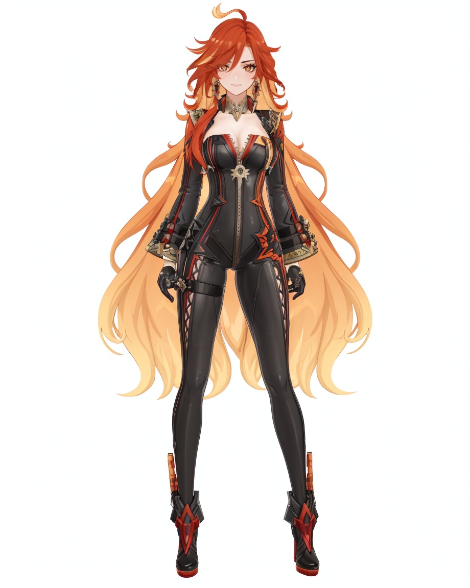 8k,best quality,masterpiece,(ultra-detailed),(high detailed skin),(by nanoless, by misumi \(macaroni\),:0.5),A full-body portrait of a young girl,standing gracefully,pastel art style,high-key lighting,shoujo manga influence,hd quality,delicate details,full body,full shot,standing,looking at viewer,(solo:1.2),simple background,white background,<lora:Mavuika-sd-Tanger-000019:0.8>,Mavuika \(Genshin Impact\),Mavuika def black bodysuit,red and orange hair,1girl,long hair,breasts,gloves,orange hair,multicolored hair,black gloves,jewelry,very long hair,cleavage,