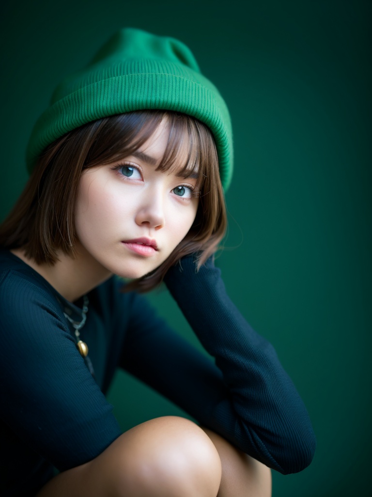 1girl, solo, brown hair, hat, green headwear, realistic, jacket, looking at viewer, blue eyes, short hair, necklace, upper body, blurry, lips, jewelry, blurry background, shirt, arm up, head tilt, long sleeves, black shirt