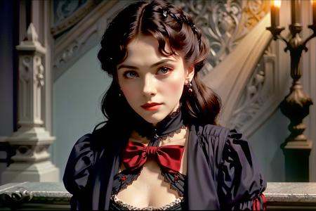 movie still of a woman in a dress flirting with Count Dracula 1910_dr3ss on Tensor.Art