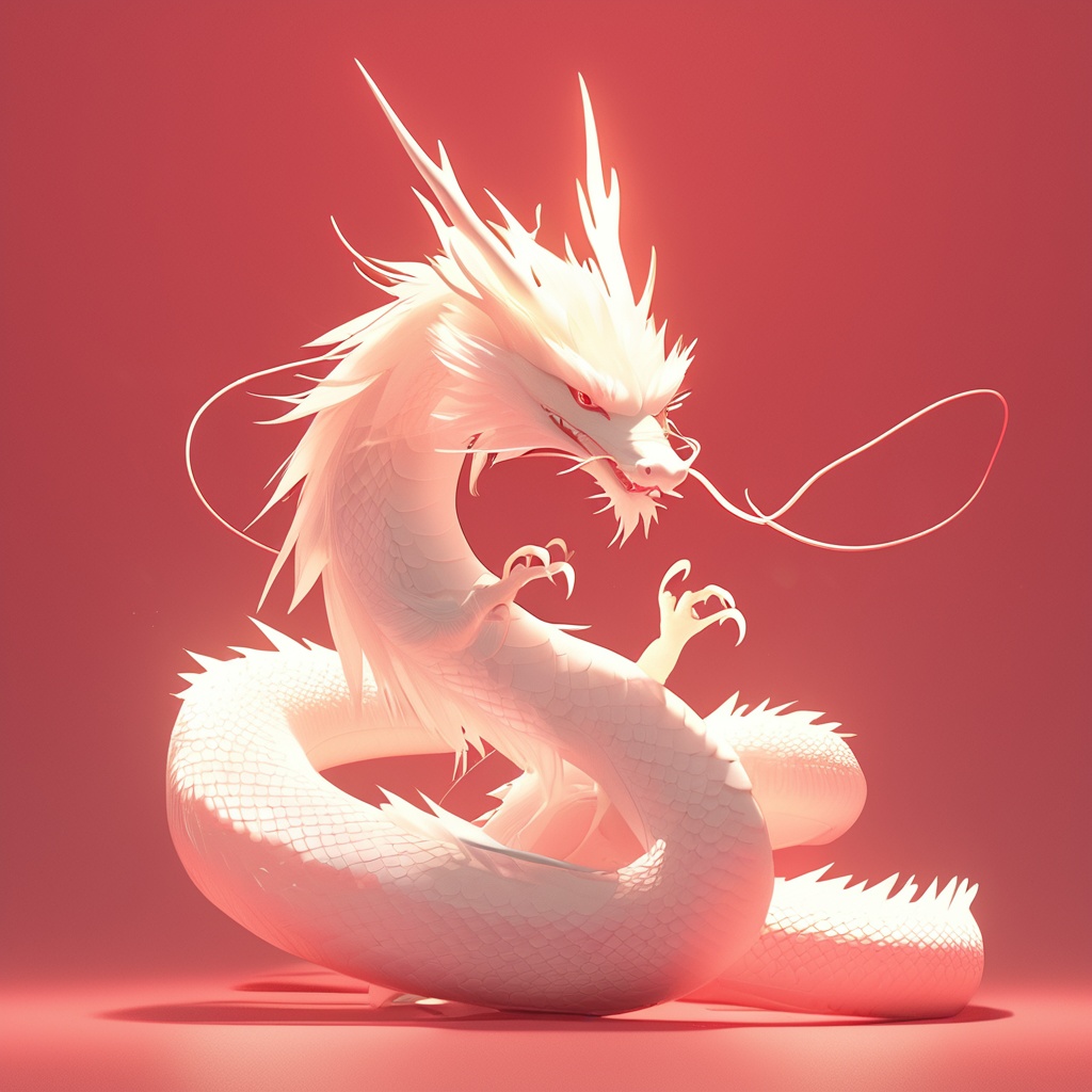 chenglong,eastern-dragon,jct-jade-carving-texture,chinese zodiac,red eyes,soft lighting,fangs,tail,whimsy and dramatic lighting,warm colors,mf-movie-filter,cc-color-correction,whiskers,claws,simple background,sharp teeth,no humans,red background,solo,horns,full body,animal focus,looking at viewer,scales,red theme,gradient background,pink background,<lora:chenglong_xl_v1:0.8>,