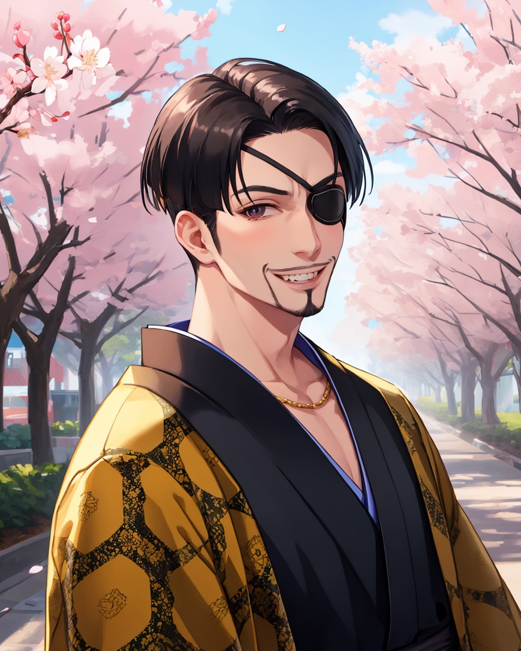 masterpiece,best quality, highly detailed, majima goro,1boy, male focus, eyepatch, tattoo, goatee, kimono, grin, looking at viewer, solo, teeth, building, day, necklace, outdoors, cherry blossoms, mustache, city,<lora:majima_goro:1>