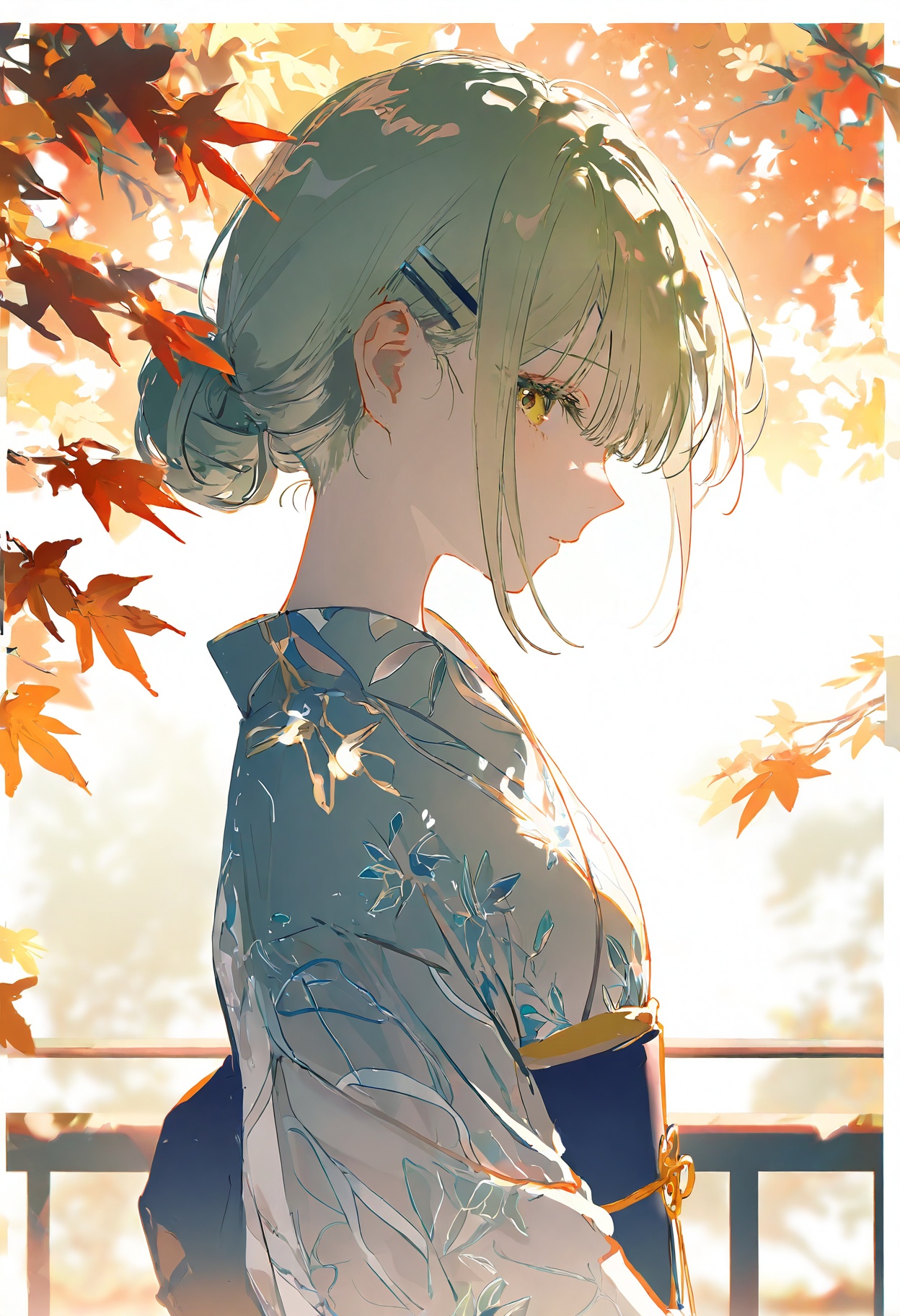 [[rella]],wakaba mutsumi,(masterpiece, best quality:1.2),highres,(white border:1.3),vertical,1girl,solo,looking at viewer,profile,upper body,green hair,hair bun,hair clip,yellow eyes,wearing white floral kimono,blue obi,holding red wagasa,autumn leaves,maple leaves,red leaves,outdoors,tree,railing,(dappled sunlight:1.4),sunbeam,strong shadows,cinematic lighting,soft focus,depth of field,<lora:painting_style_v2-000180:0.7>,Painting_STYLE,petite,
