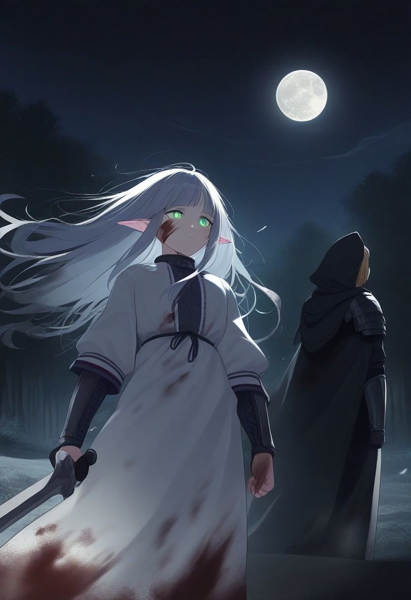 1girl, elf, long hair, messy hair, long side bangs, hair floating on wind, white hair, green eyes, glowing eyes, leather armor, robe, lowered hood, dirty, dirty clothes, blood on clothes, blood on face, holding sword, standing, dark forest, moonlight, huge full moon, masterpiece, best quality, newest, highres, opill<lora:OilPaintingILL:0.8>