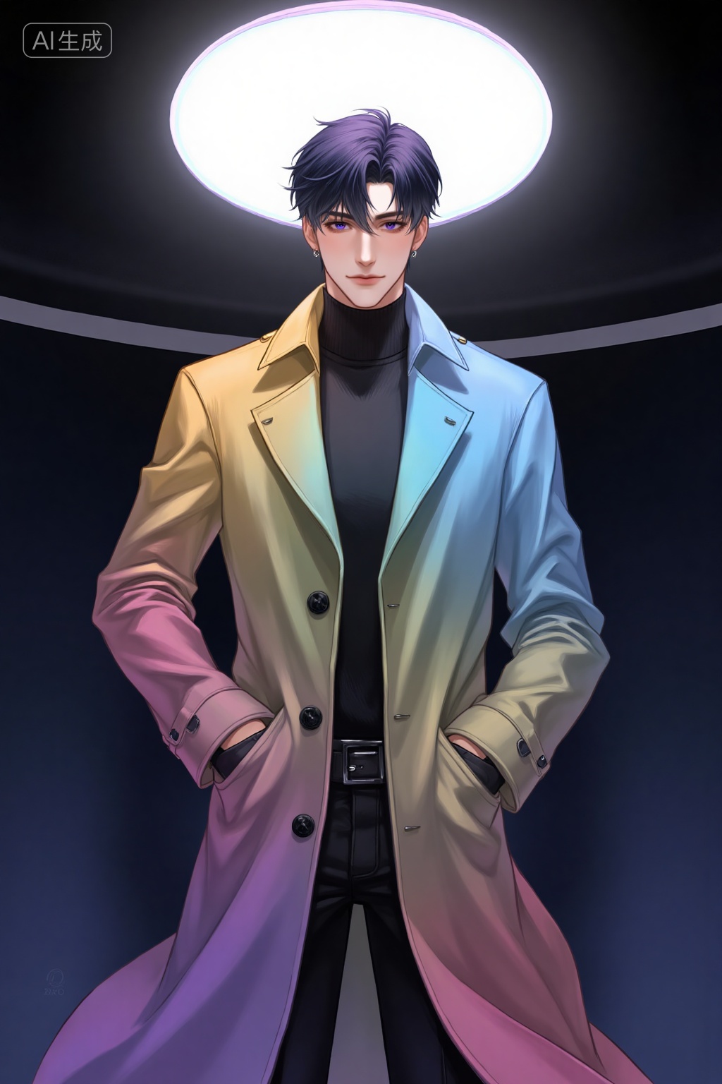 Realistic anime drawing of handsome young man,, in a color-gradient trench coat stands under a circular neon light fixture., Negative prompt: ng_deepnegative_v1_75t,(badhandv4:1.2),EasyNegative,(worst quality:2),,nsfw, Steps: 30, Sampler: Euler, CFG scale: 3.5, Seed: 513502923, Size: 1024x1536, Model hash: 8cba4f1ef4, Model: F.1基础算法模型-哩布在线可运行_F.1-dev-fp8.safetensors, Denoising strength: 0, RNG: CPU, Lora 1: 20251118, Lora Hash 1: d7ed8b5205, Lora Weight 1: 1.0, vae_name: automatic