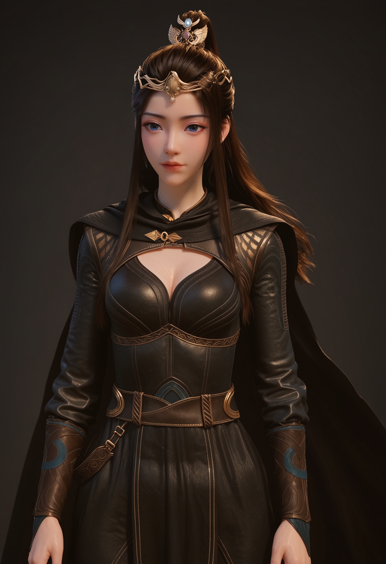 (cowboy shot:1.2),score_9,score_8_up,masterpiece,(best quality),intricate details,facing viewer,(looking at viewer:1.1),<lora:YQ_pony_yuanyao_heiyi_V4:0.8>,q1528437228,1girl,solo,long hair,blue eyes,brown hair,black hair,ponytail,hair ornament,dress,cape,long sleeves,tiara,black dress,circlet,belt,black cape,brown eyes,hair bun,boots,BREAK(score_9:1.2),(score_8_up:1.2),masterpiece,best quality,very aesthetic,perfect anatomy,(hourglass),perfect face,(simple background,pure black background,black background:1.1),fair_skin,(shiny_skin:1.1),Ivory_skin,