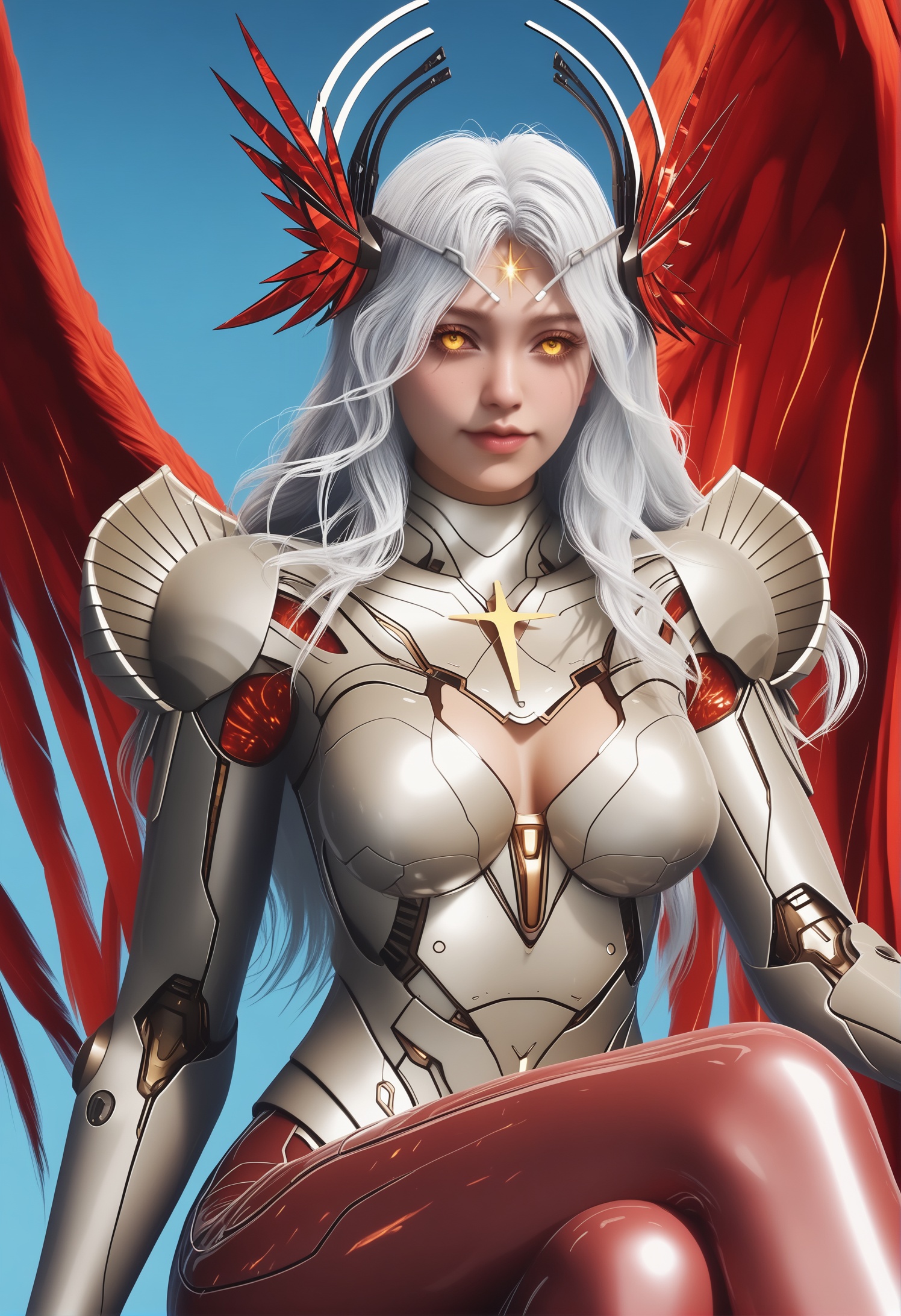 score_9,score_8_up,score_7_up,1girl,solo,realistic,(looking at viewer:1.1),1girl,solo,realistic,bodysuit,breastplate,armor,shoulder armor,boobplate,red wings,wings,mechanical wings,feathered wings,angel wings,1girl,solo,realistic,circlet,tiara,mechanical halo,halo,hair ornament,head wings,headpiece,1girl,solo,realistic,(mature face:1.2),big eye,(pale_skin:1.1),shiny_skin,slender face,long hair,grey hair,white hair,forehead mark,facial mark,glowing eyes,yellow eyes,colored sclera,eyelashes,nose,lips,closed mouth,long legs,realistic,red_theme,solid background,simple background,sitting,crossed_legs,(white chair:0.8),(magazine cover theme:0.75),medium breasts,(cleavage:1.1),cleavage cutout,<lora:小巳-星幻王:0.85>,