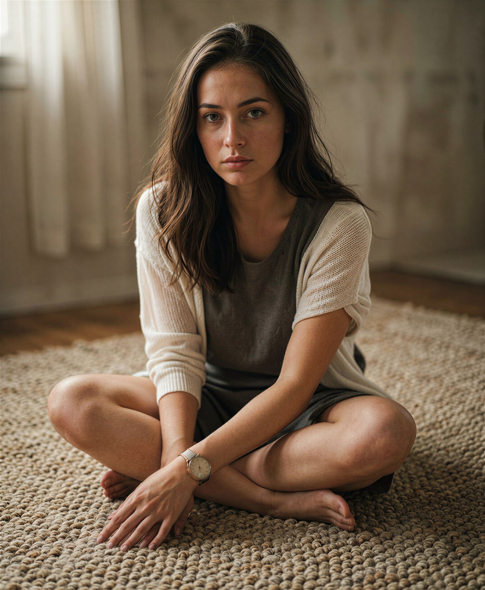 A contemplative,  softly lit portrait of a young woman seated on a textured carpet,  her direct gaze and casual pose creat...